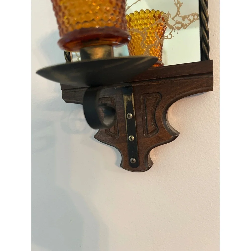 Vintage Wood Mirror Wall Sconce Candle Holder Amber Hobnail Glass Peg Votive